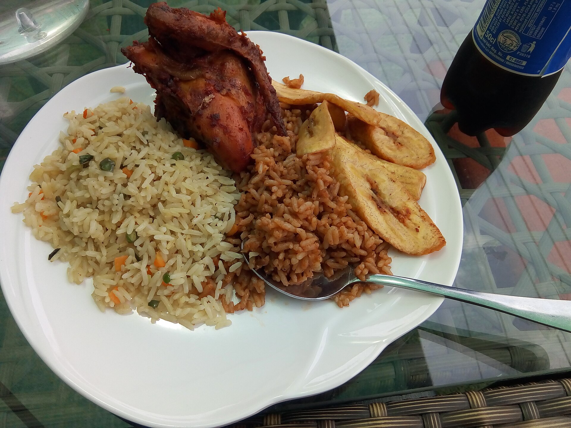 Nigerian rice chicken and plantain combo